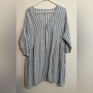 Namsar Linen Cover Up Dress Tunic Pockets Striped 3/4 Sleeve L/XL Semi Sheer